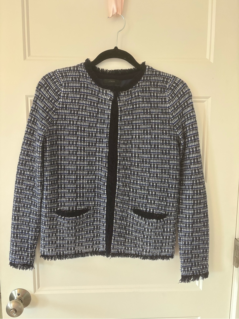 J. Crew Blue and White Tweed Fringe Trim Jacket